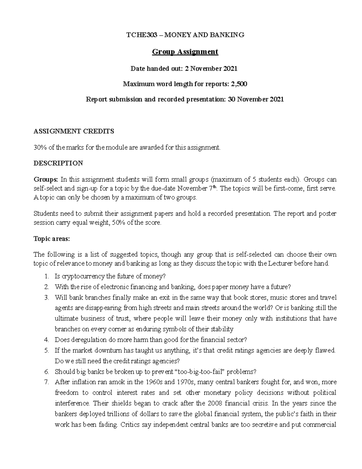 TCHE303 - 2021 Group assignments - TCHE303 – MONEY AND BANKING Group ...