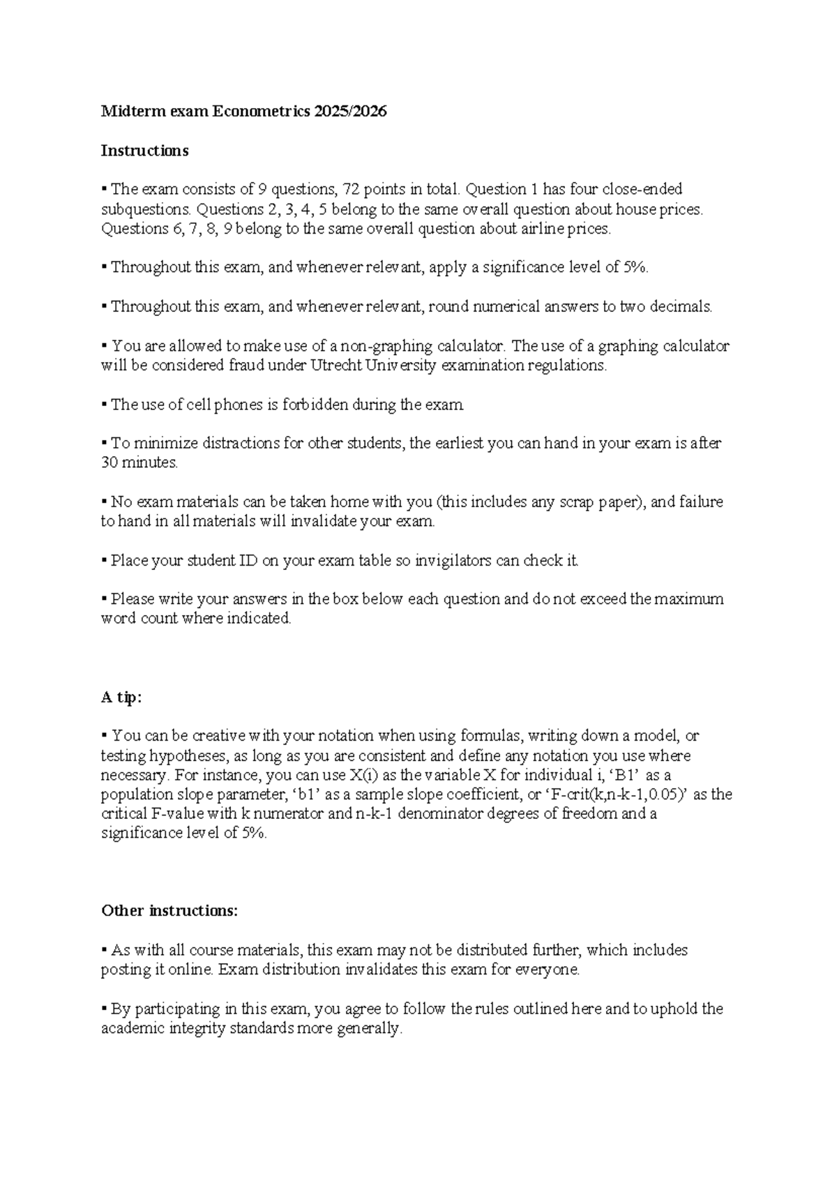 Midterm Exam Instructions for Econometrics (2025) - Studeersnel