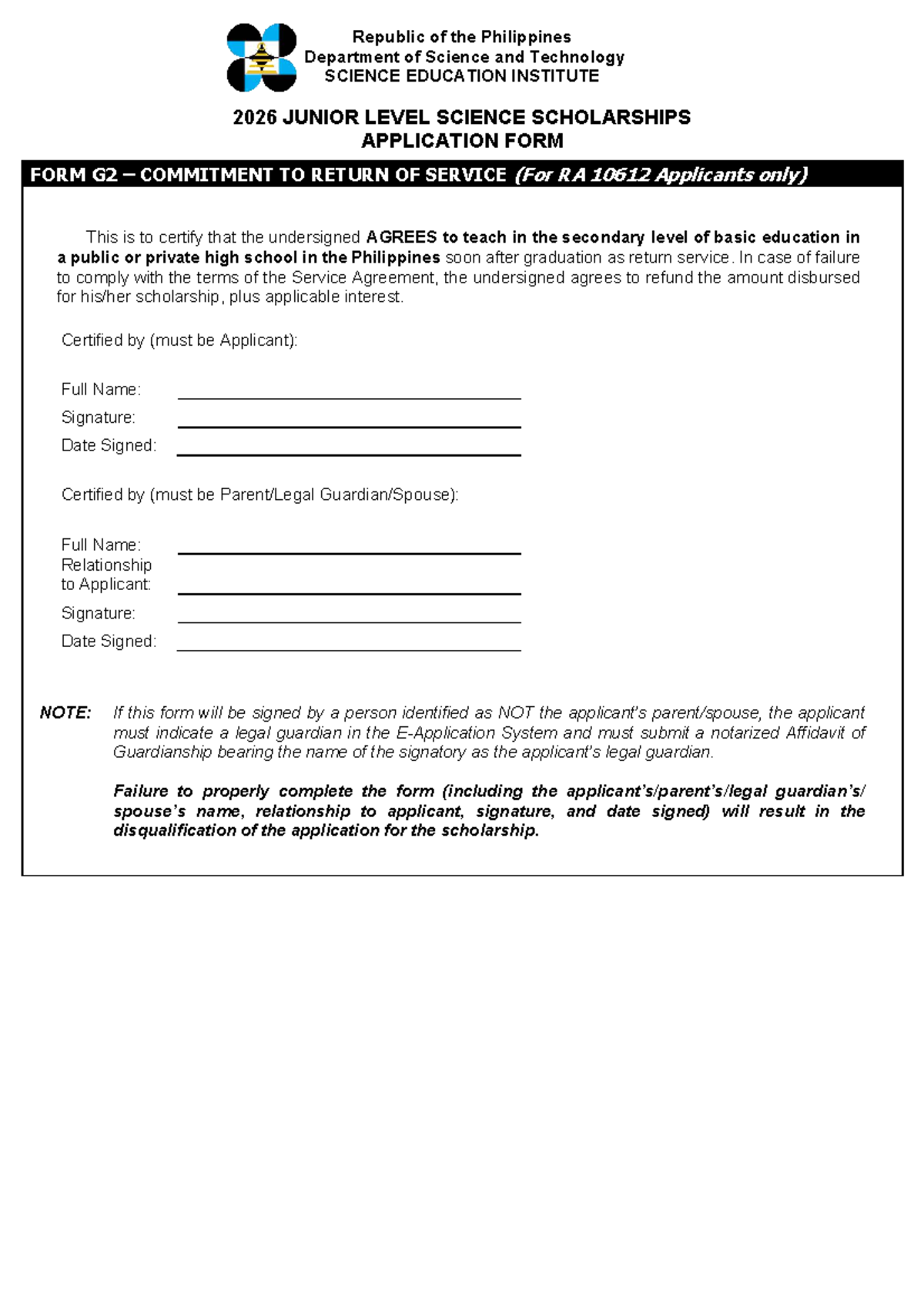 2026 JLSS Application Form G2: Commitment to Return of Service - Studocu