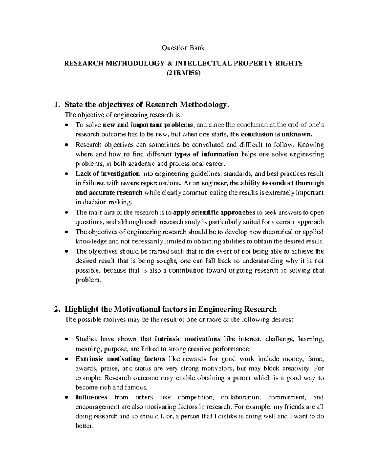 Question Bank on Research Methodology & Intellectual Property Rights ...