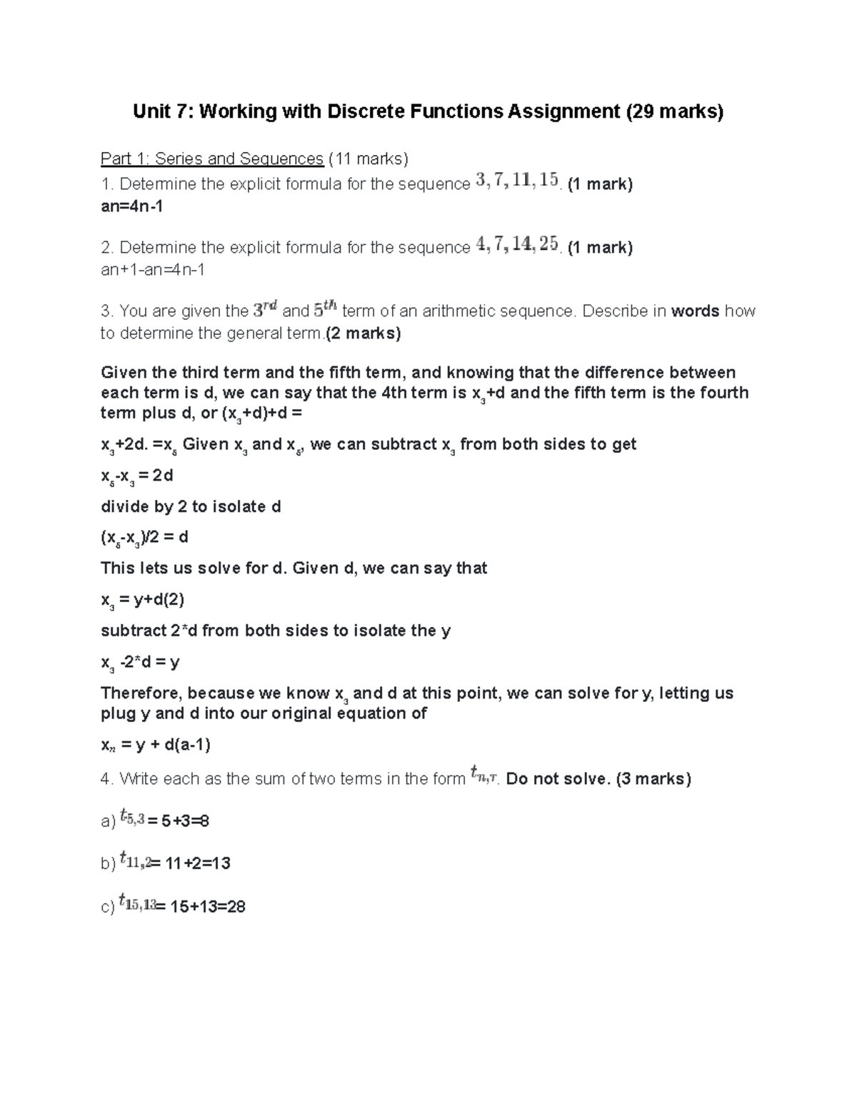 MCR3U1 Unit 7 Discrete Functions Assignment & Solutions - Studocu