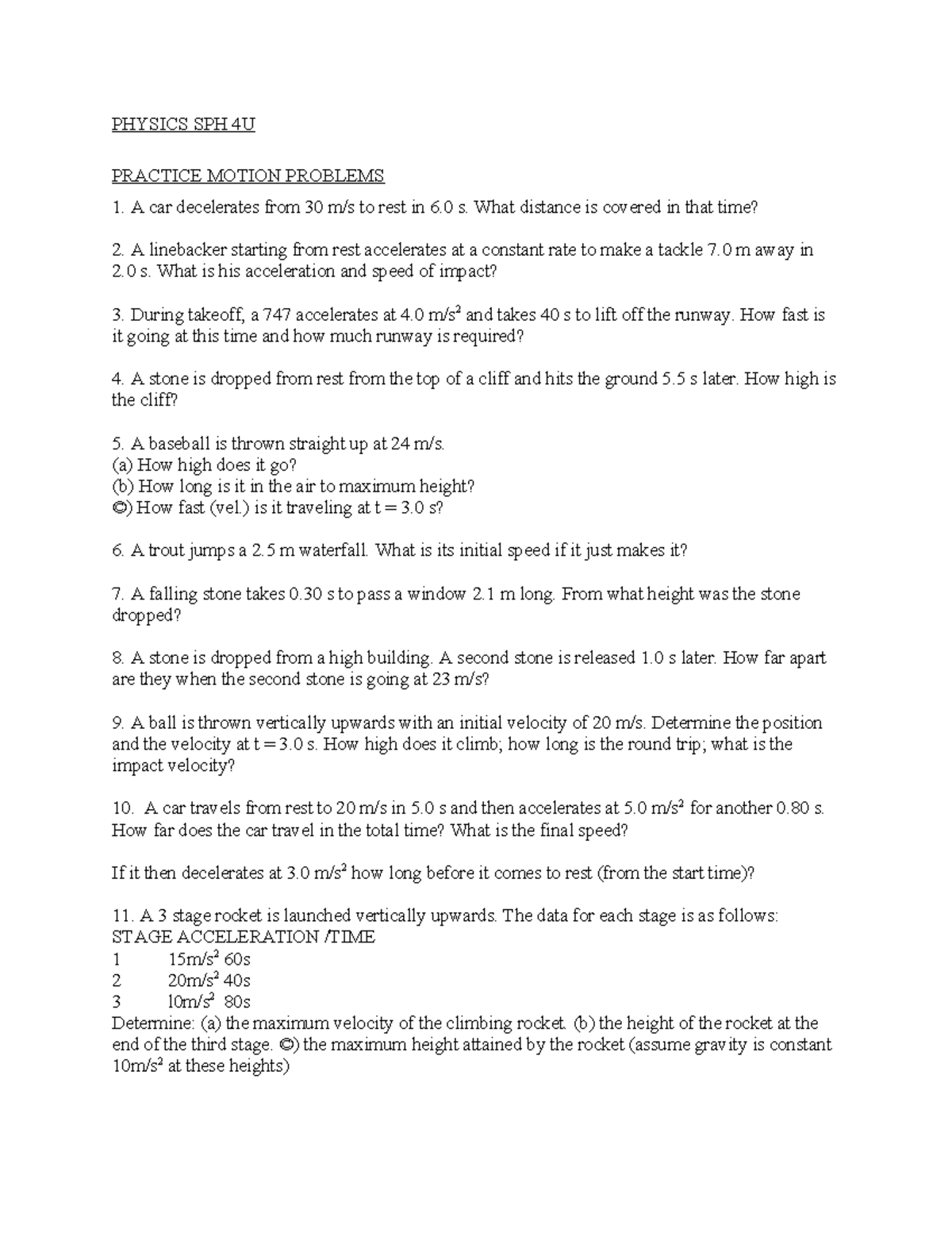 PHYSICS SPH 4U HOMEWORK PRACTICE MOTION PROBLEMS - Studocu