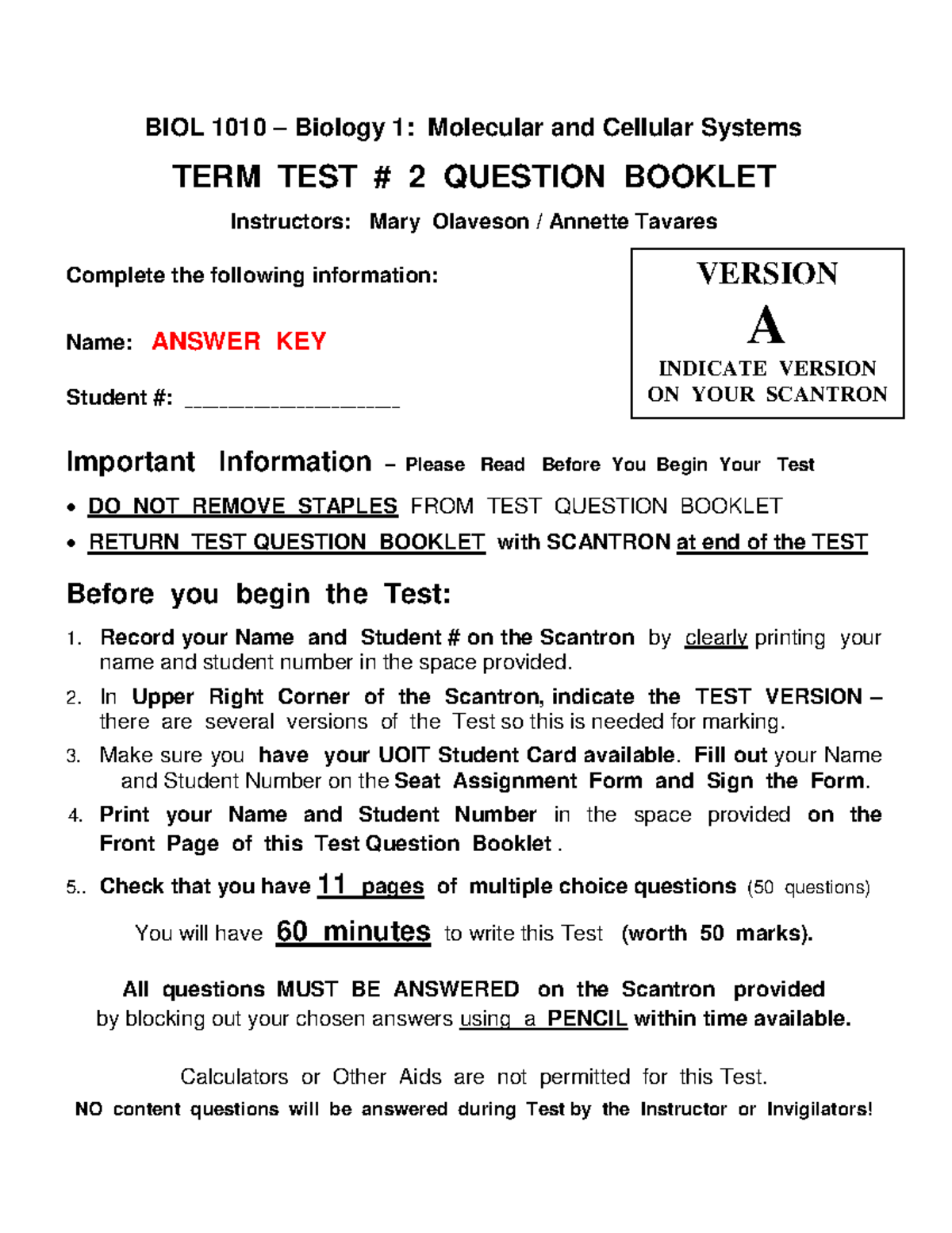 BIOL 1010 Practice Midterm 2 with Answer Key and Guidelines - Studocu