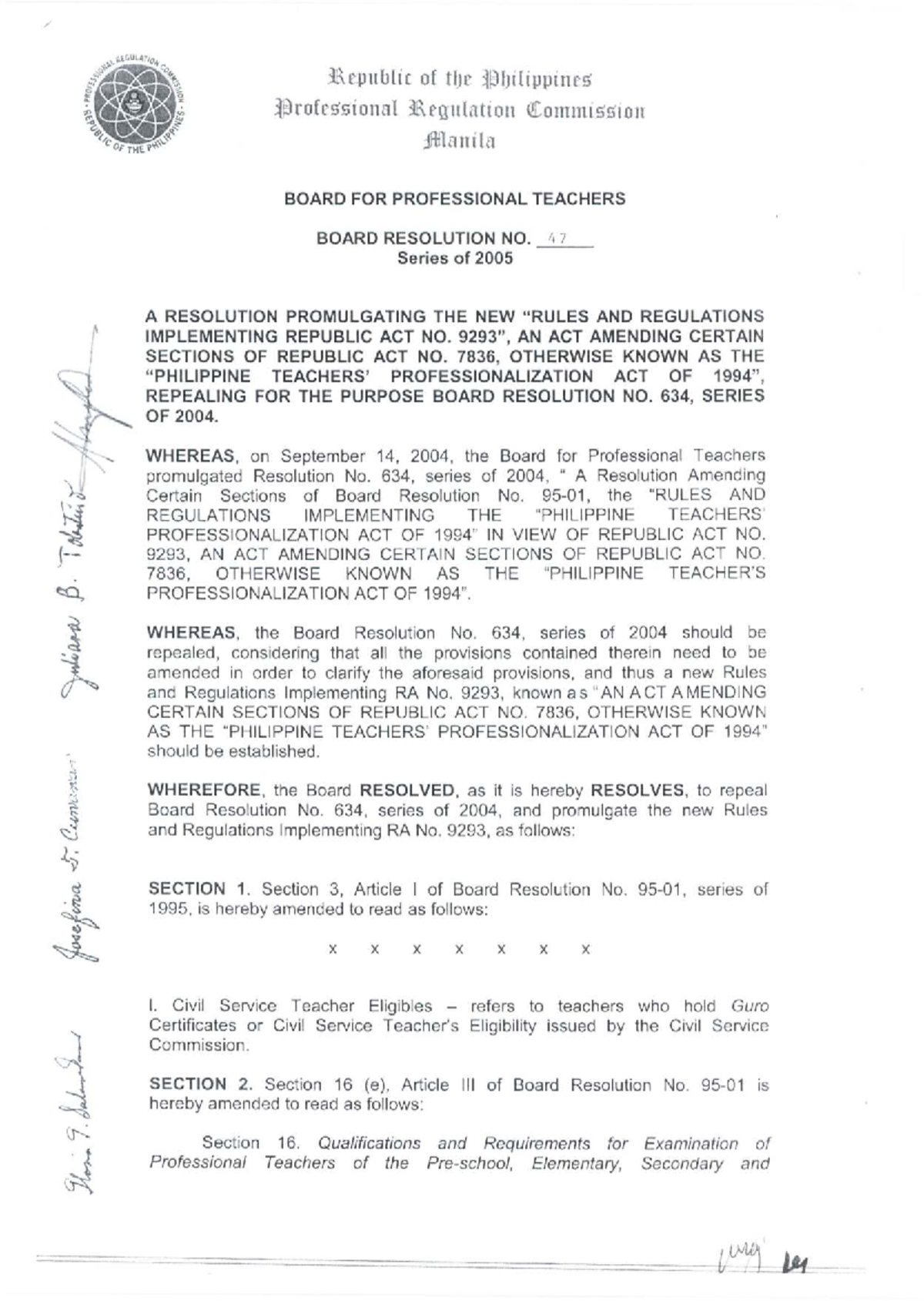 Board Resolution No. 47: Implementing Rules for RA 9293 - Studocu