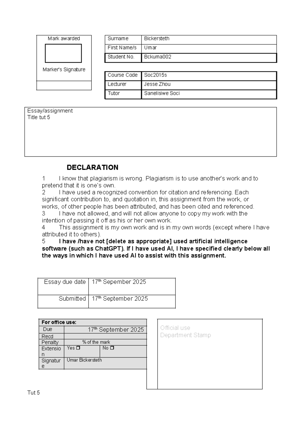 SOC2015S Tutorial 5 Summary Notes and Plagiarism Declaration - Studocu