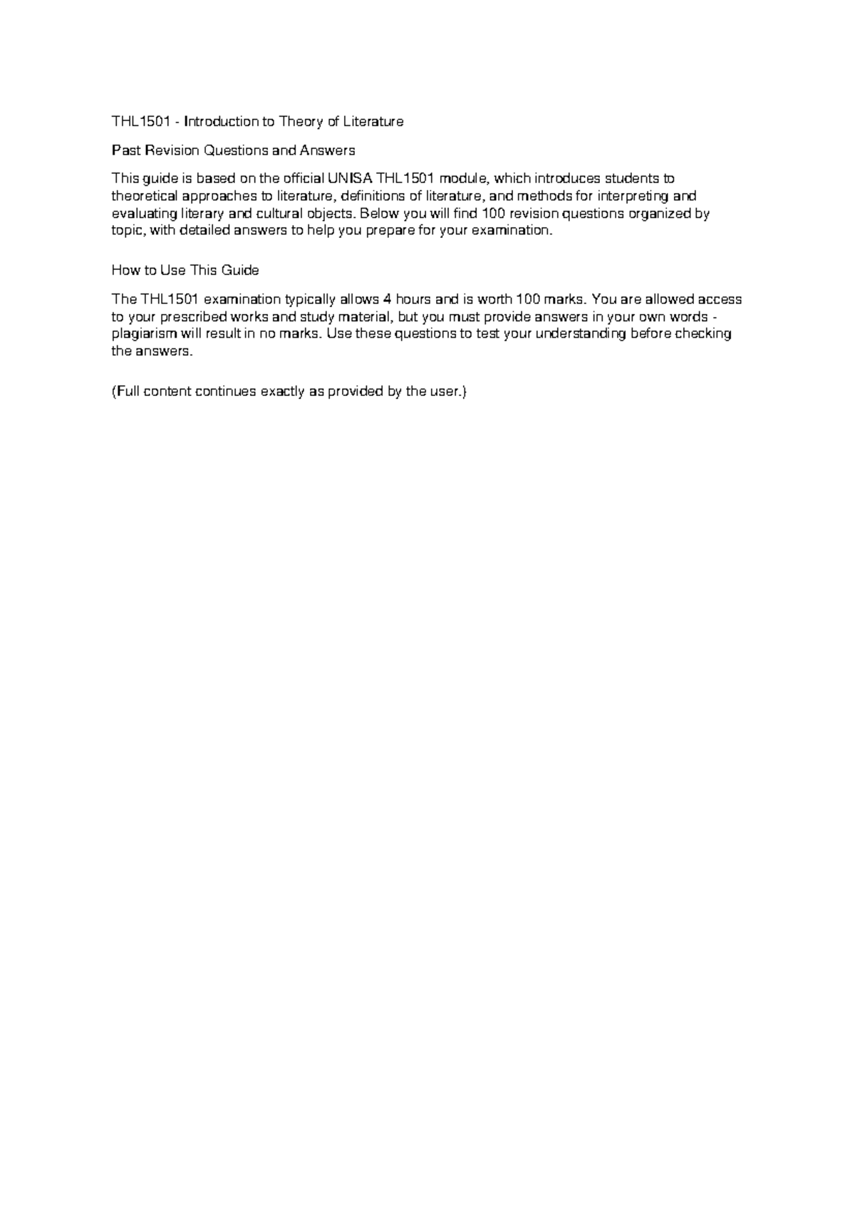 THL1501 Exam Revision: Theory of Literature Q&A Guide - Studocu