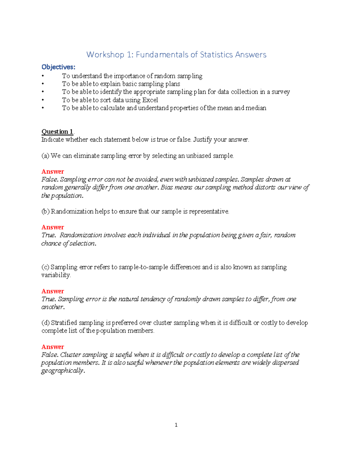Workshop 1: Fundamentals of Statistics - Answer Key - Studocu