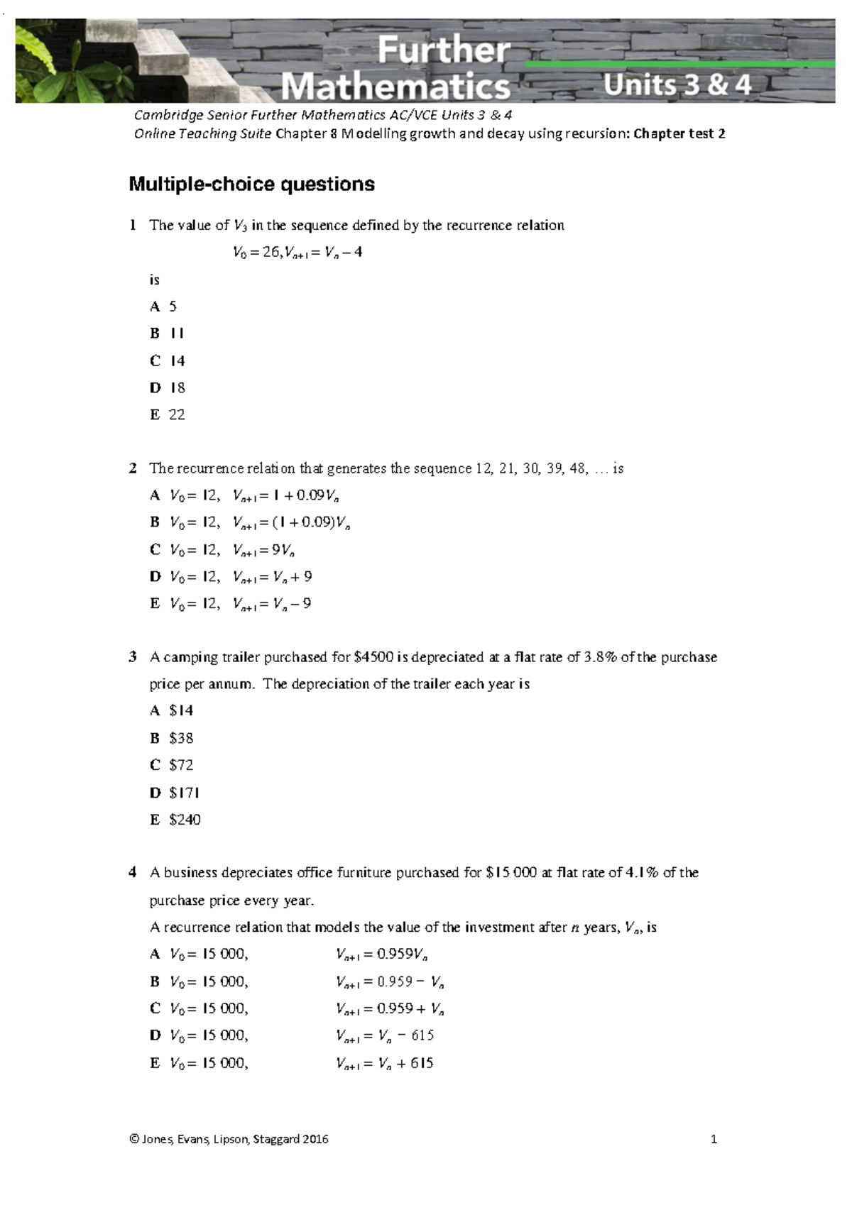 Cambridge Senior Further Mathematics Units 3 4 Chapter 8 Recursion Test ...