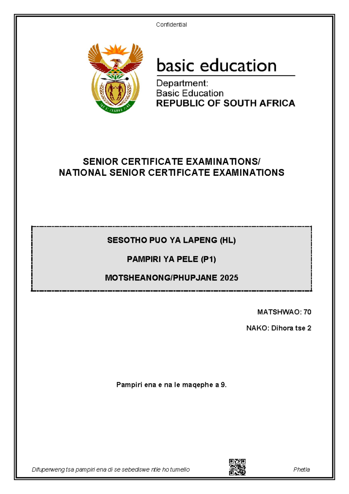 Sesotho Puo ya Lapeng (HL) P1 Final Exam 2025 - Studocu