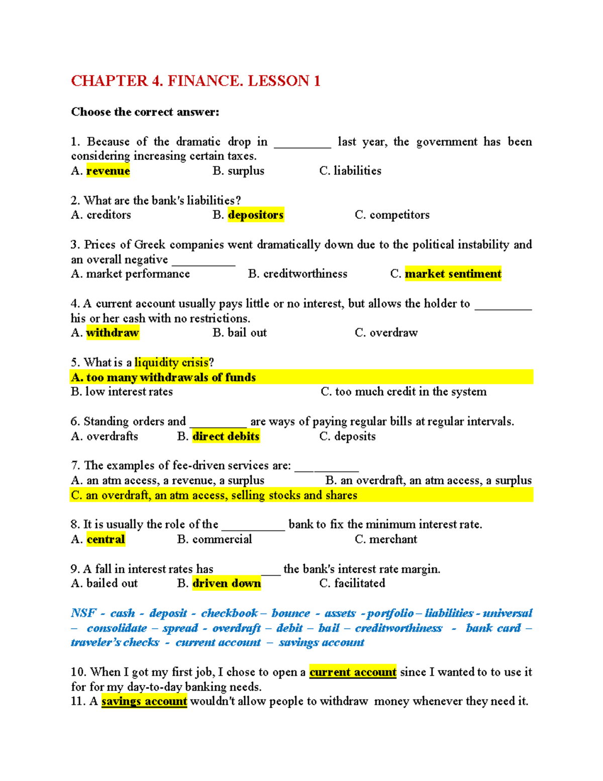 CHAPTER 4 FINANCE: LESSON 1 Multiple Choice Questions and Answers - Studocu