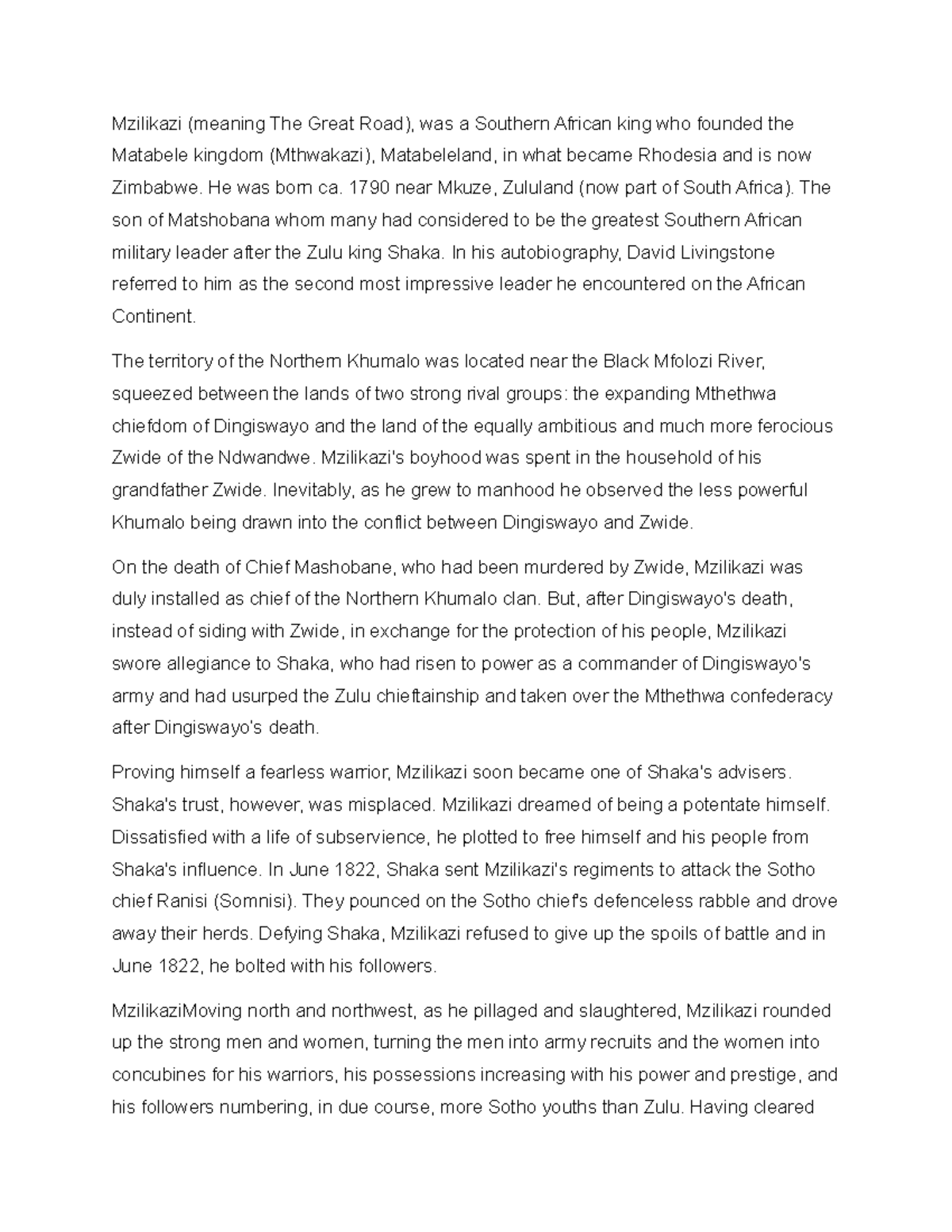 Mzilikazi: The Rise and Legacy of the Matabele King - Studocu