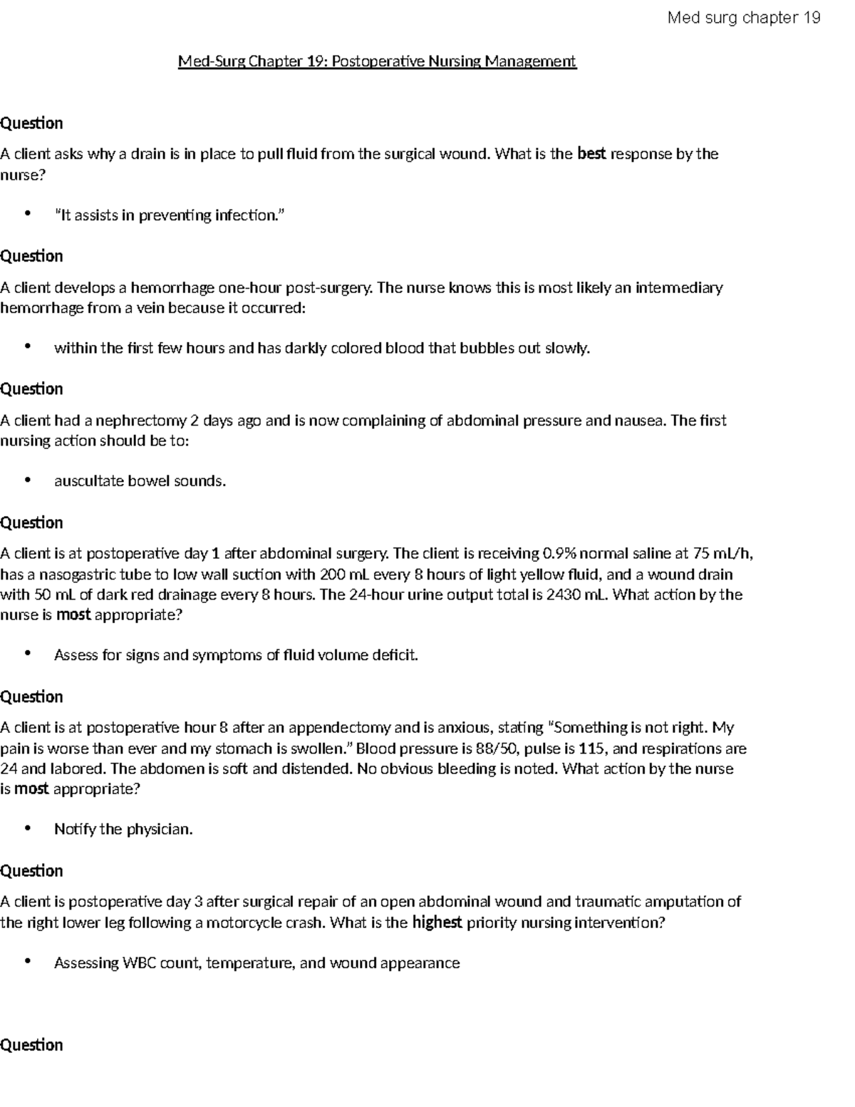 Med Surg Chapter 19: Key Concepts in Postoperative Nursing Care - Studocu