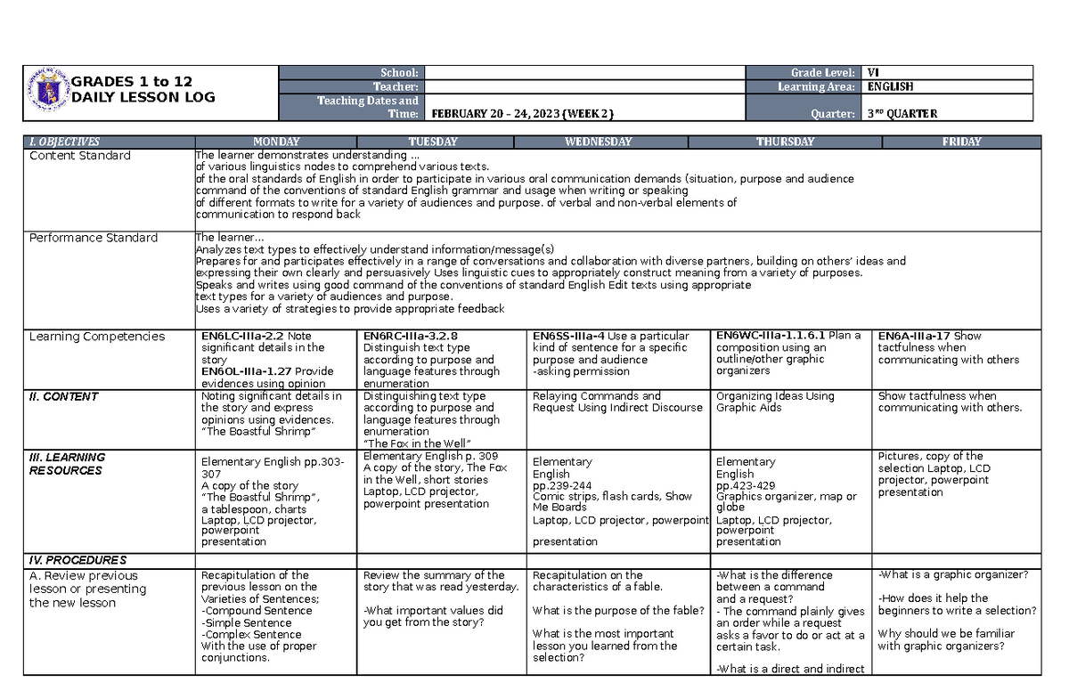 DLL English 6 Q3 W2: Daily Lesson Log for Week 2 of Grade VI - Studocu