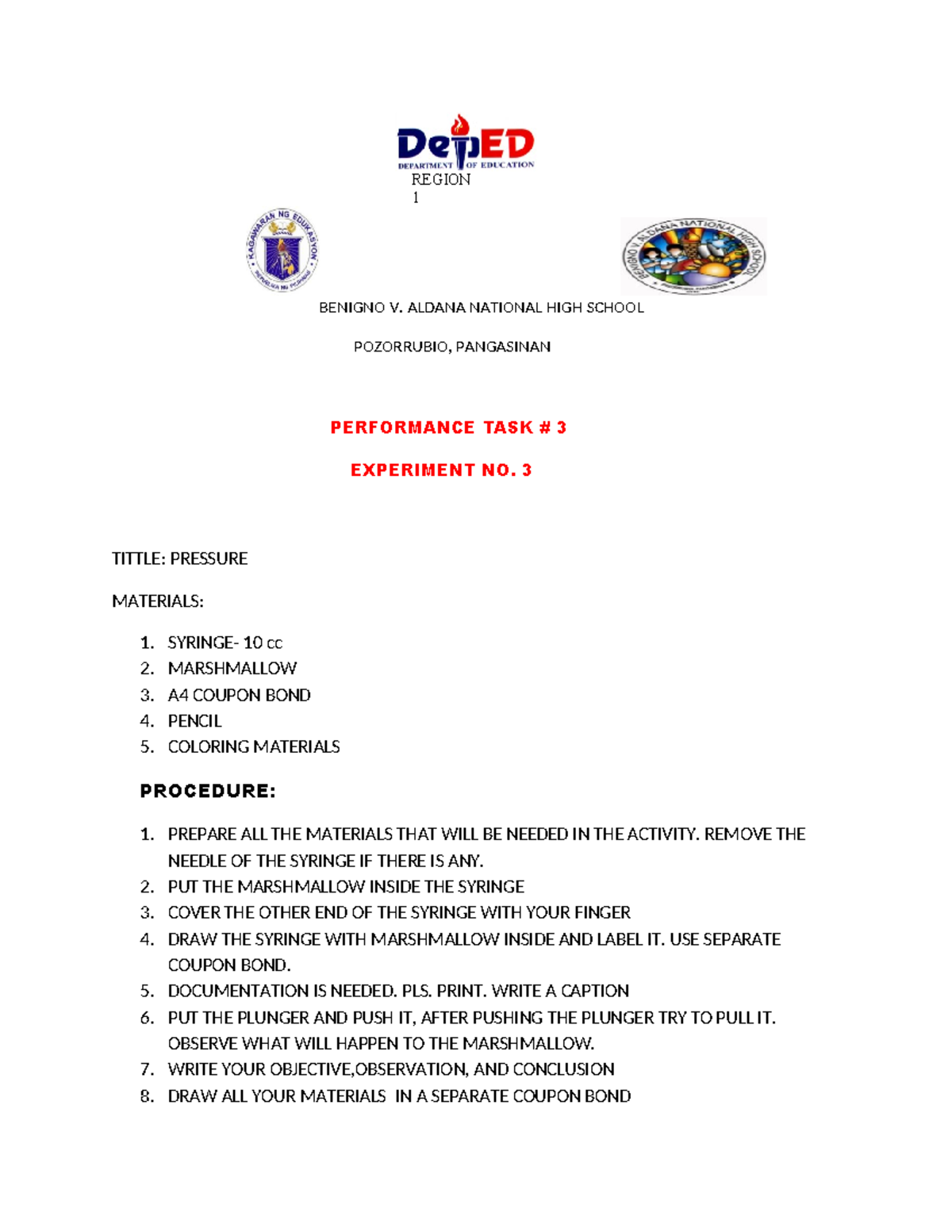 Experiment No. 3: Pressure Analysis - Performance Task # 3 - Studocu