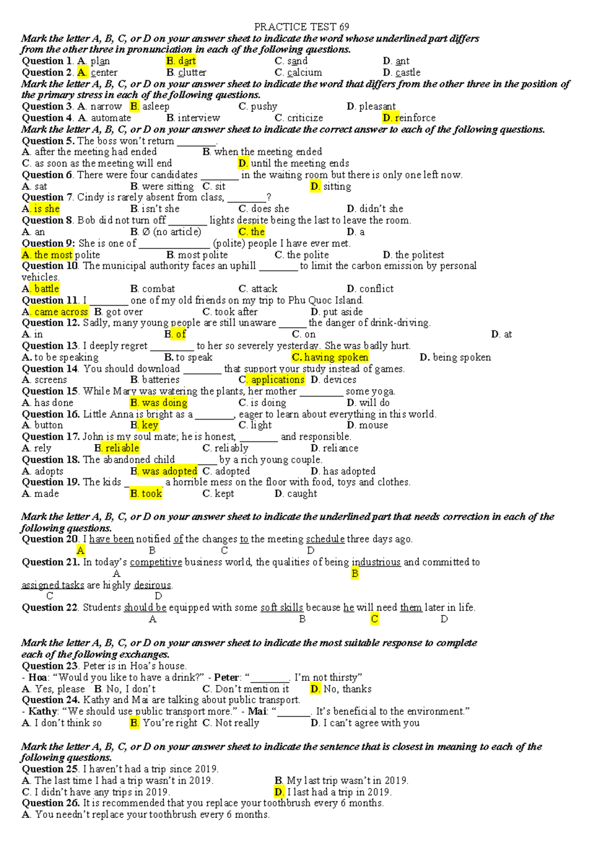 PRACTICE TEST 69: English Pronunciation and Grammar Questions - Studocu