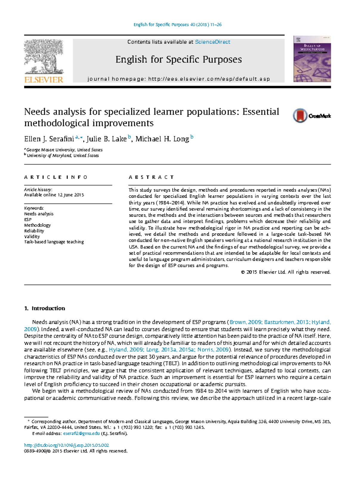 Needs Analysis Methodology for ESP: A Case Study (ESP 40) - Studocu