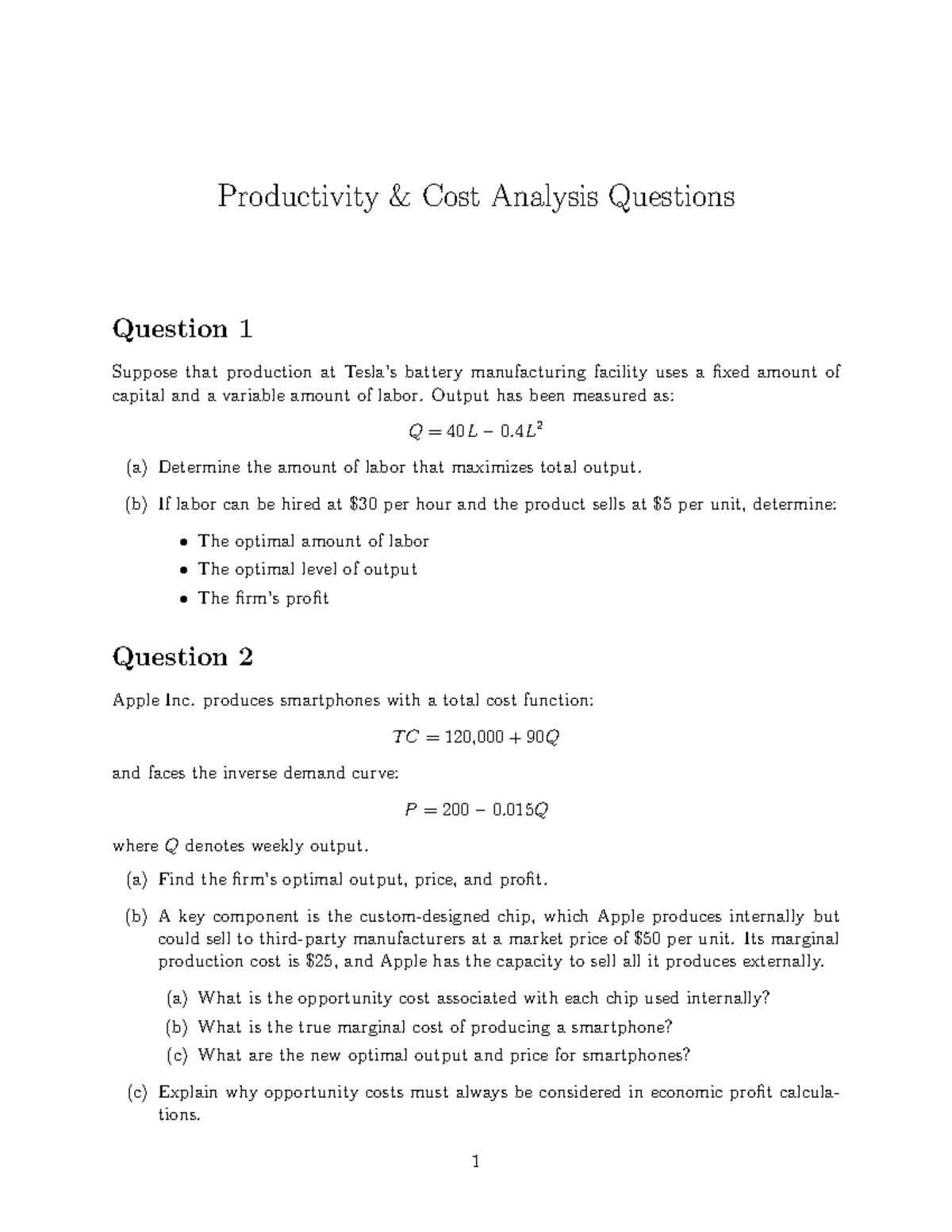 Lecture 3: Productivity Cost Analysis Questions and Solutions - Studocu