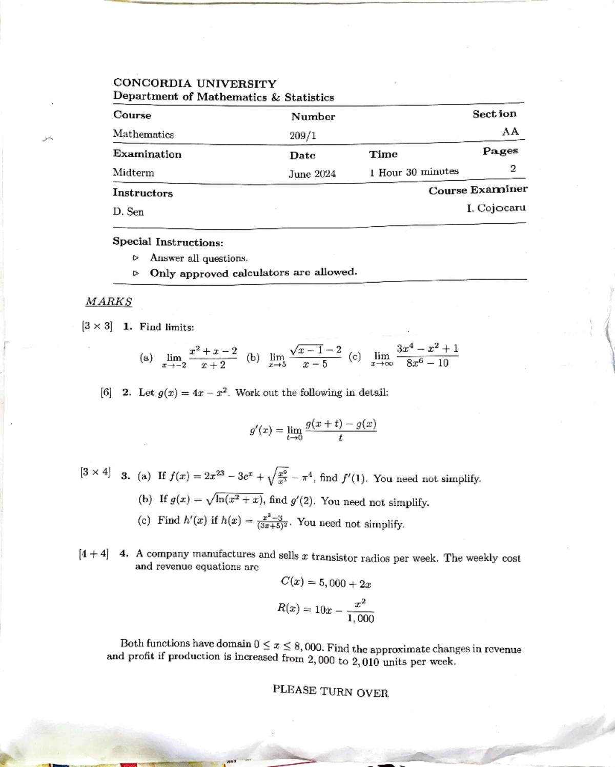 Math 209 Midterm Exam Fall 2023 - Limits and Derivatives - Studocu