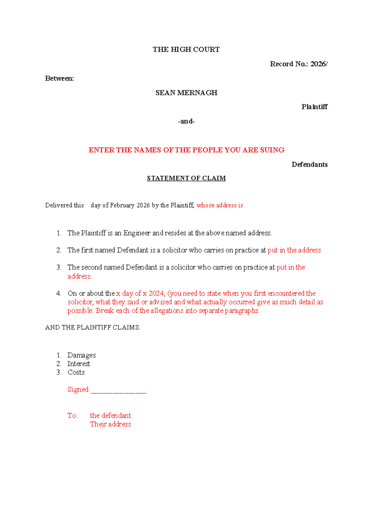 Statement of Claim - Sample Document for High Court Case - Studocu