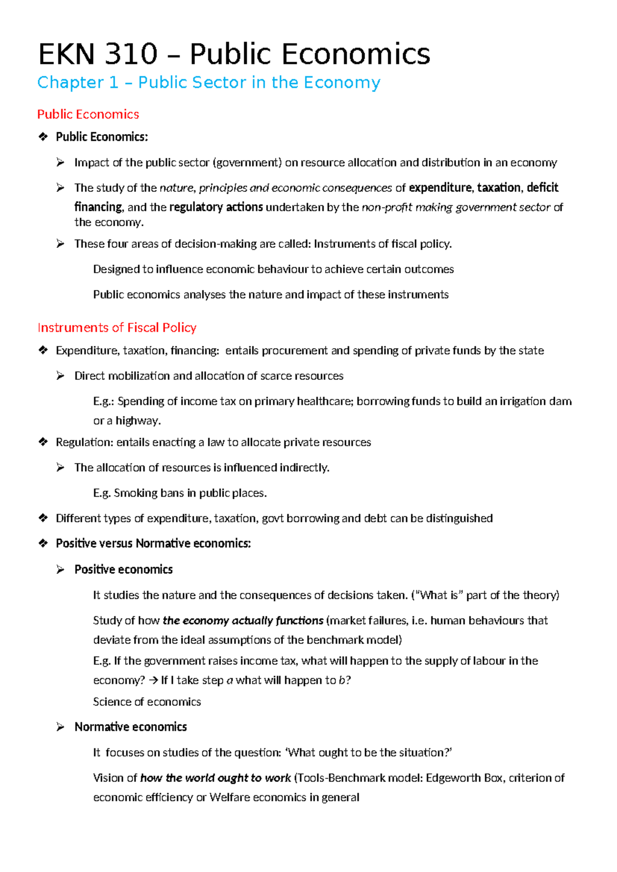 EKN 310 Lecture Notes: Public Economics Overview and Key Concepts - Studocu
