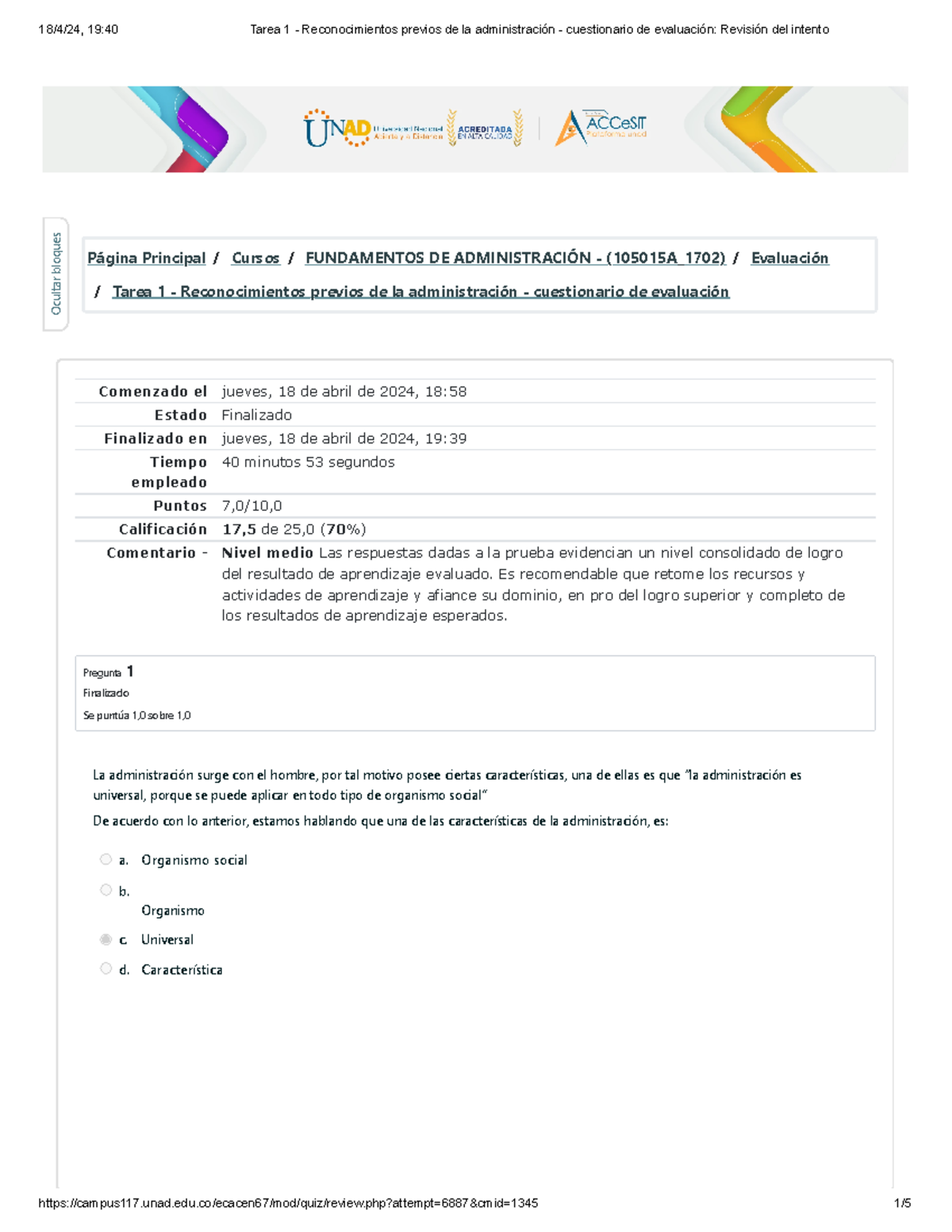 Tarea 1 - Cuestionario de Evaluación de Fundamentos de Administración - (105015A_1702) - Document Preview