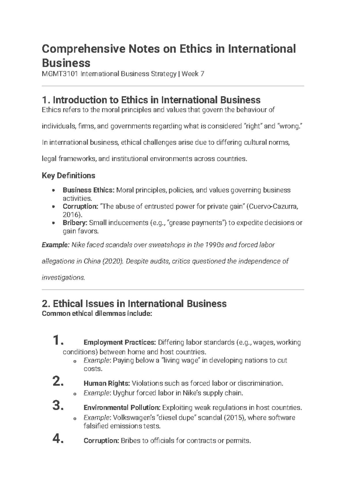 MGMT3101 Week 7: Ethics in International Business Notes - Studocu