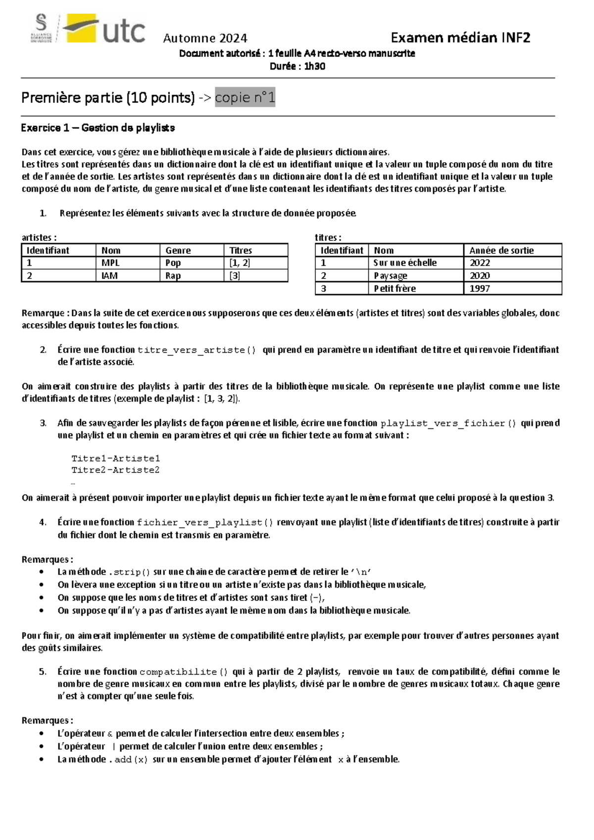 Examen médian INF2 Automne 2024 : Gestion de Playlists et Fonctions ...