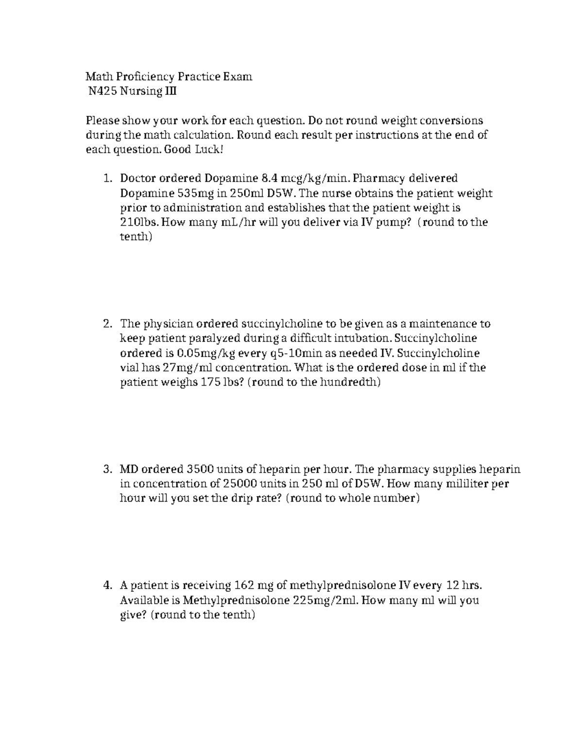 Math Proficiency Practice Exam N425: Nursing Calculations Guide - Studocu
