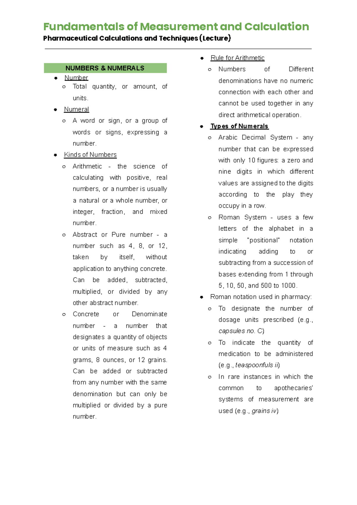 Pharmaceutical Calculations Fundamentals (Lecture) - Key Concepts - Studocu