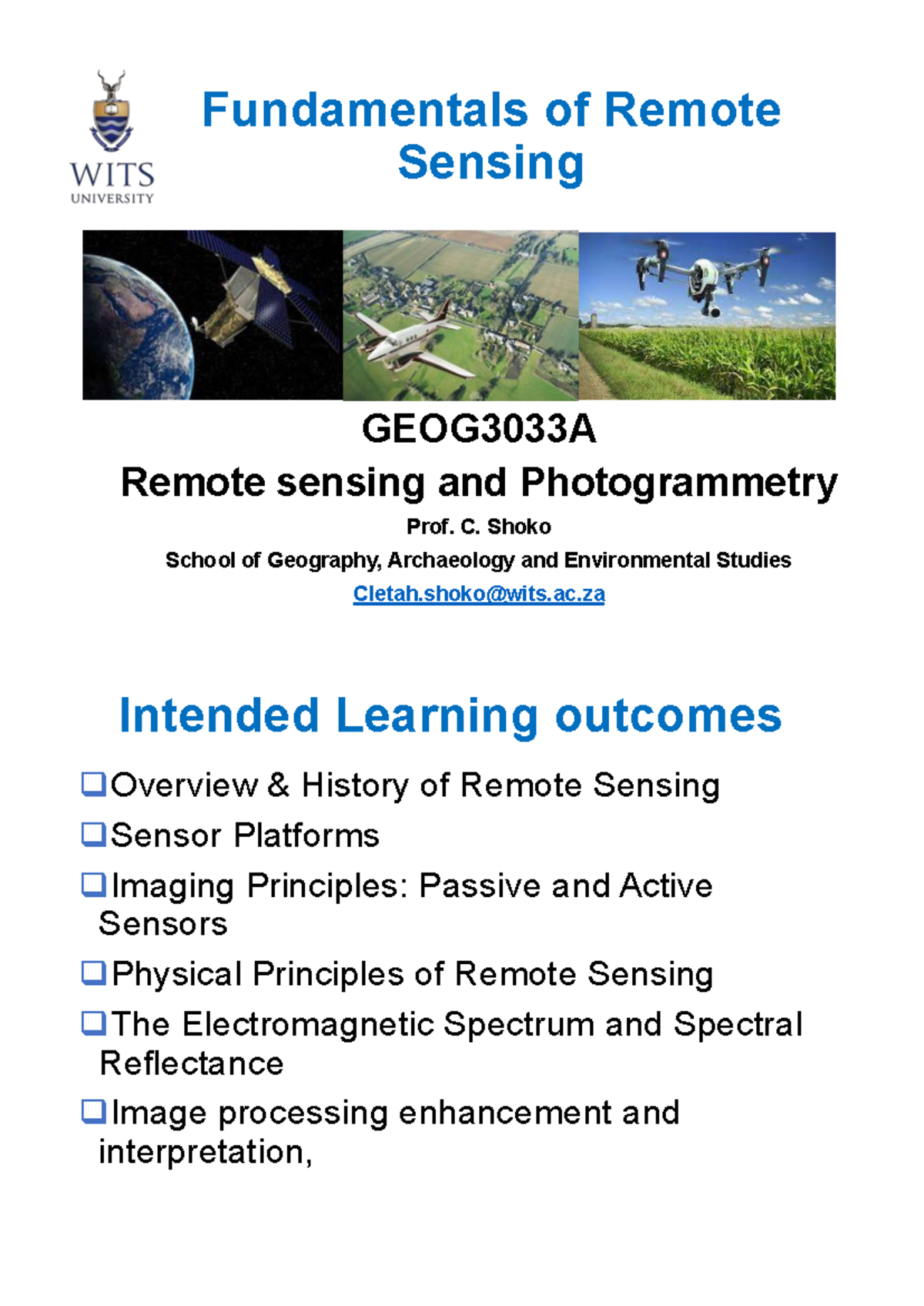 Fundamentals of Remote Sensing - GEOG3033A Lecture Notes - Studocu