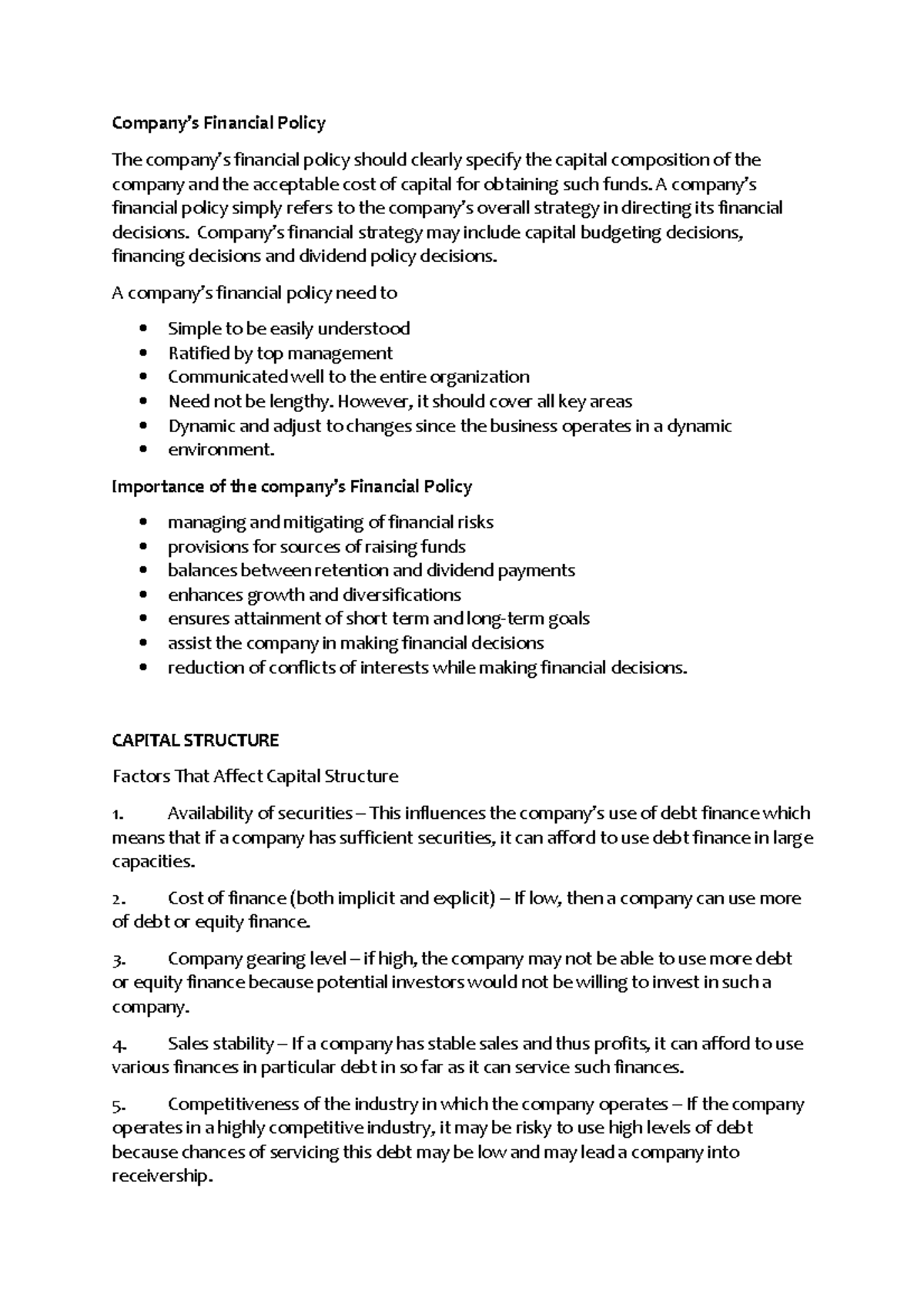 Corporate Policy Notes Cost of Capital - Company’s Financial Policy The ...