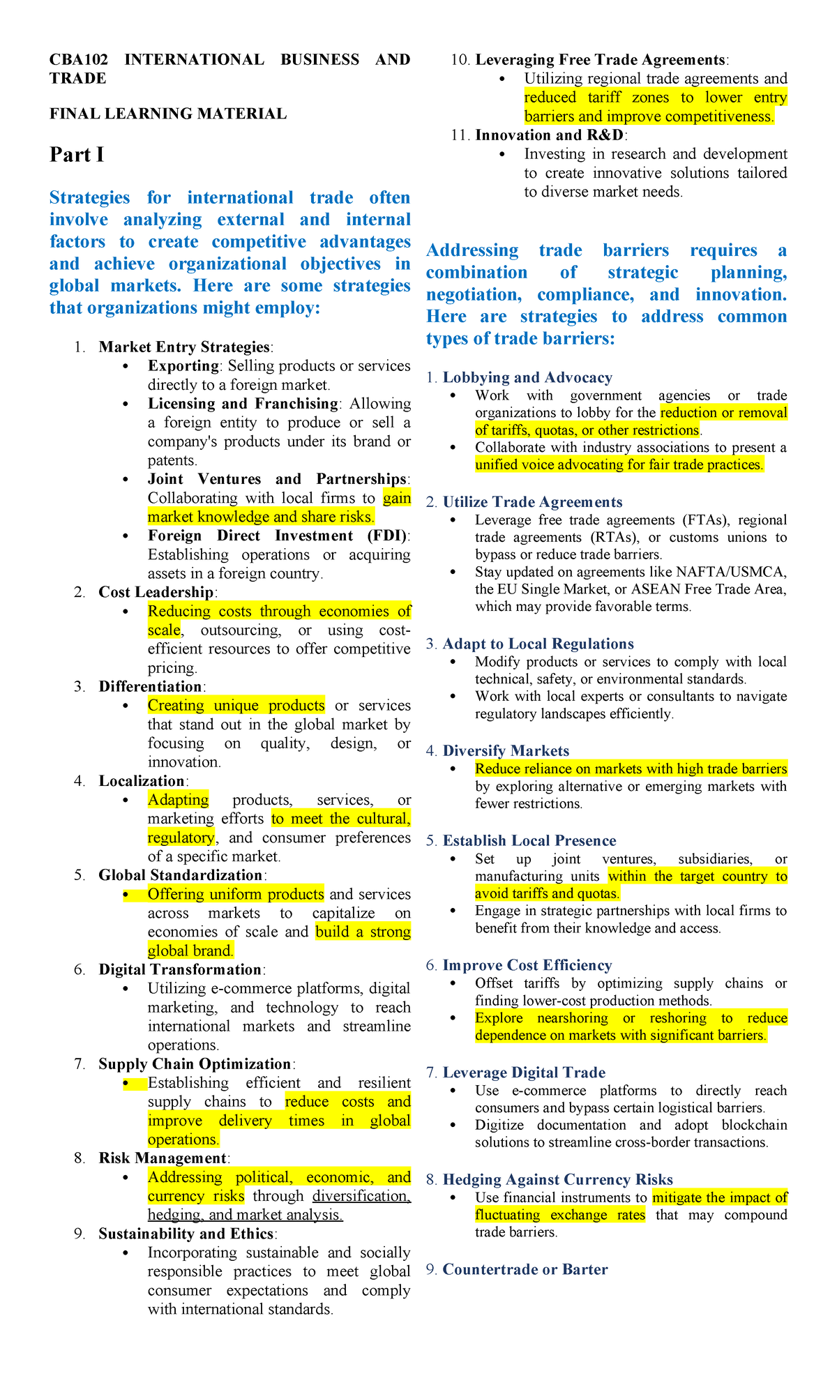 CBA102 INTERNATIONAL BUSINESS AND TRADE FINAL REVIEW NOTES - Studocu