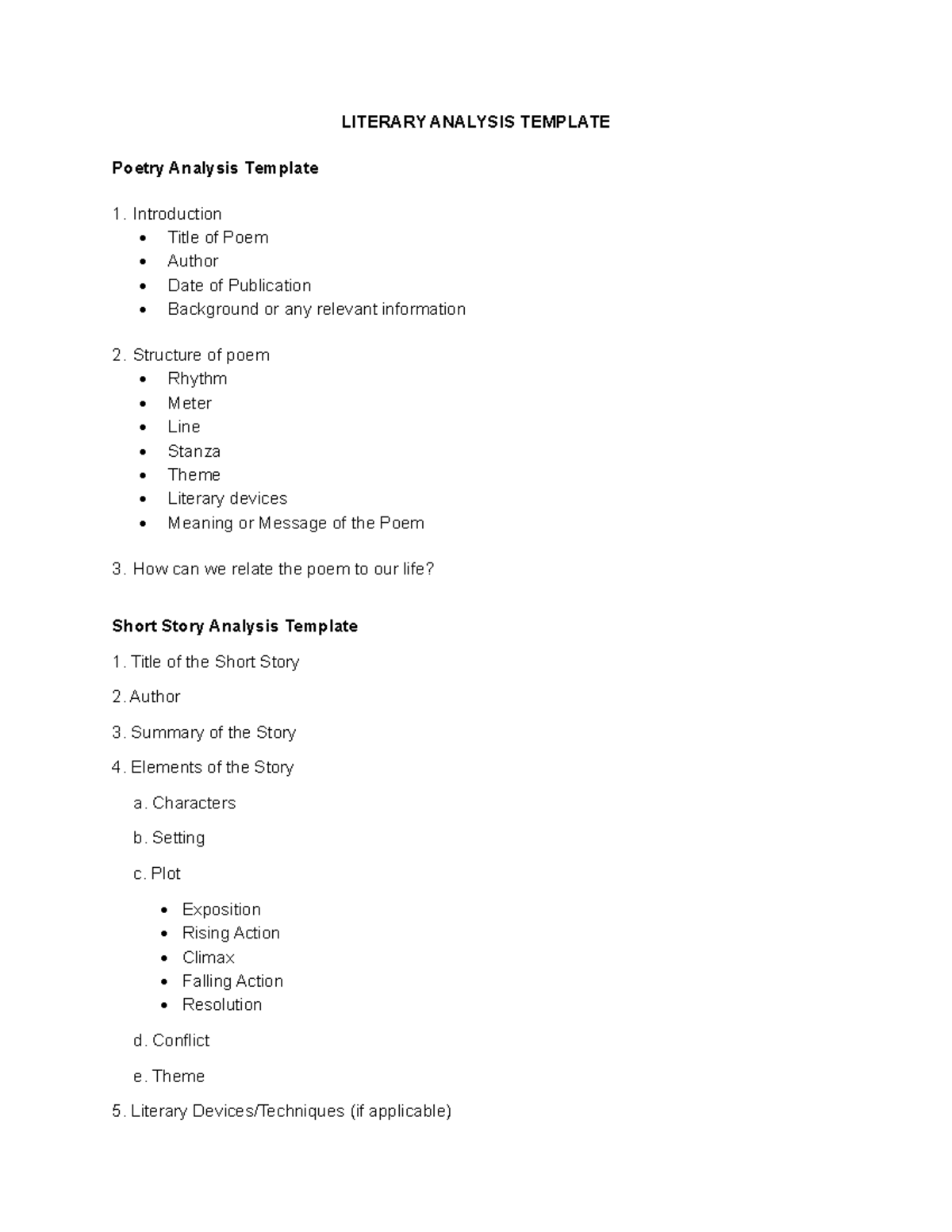 LIT 101: Poetry & Short Story Analysis Template - Studocu