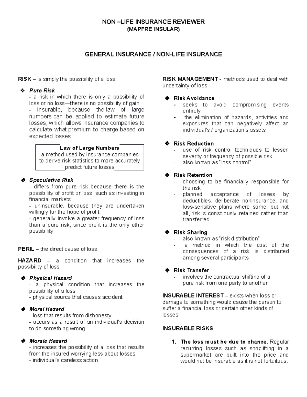NON-LIFE Insurance Review (MAPFRE INSULAR) - Key Concepts & Risks - Studocu