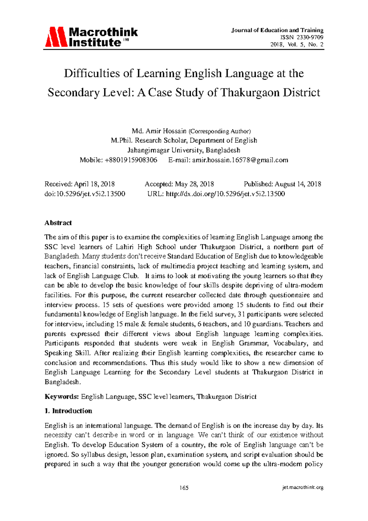 Difficulties of Learning English at SSC Level: A Case Study in ...