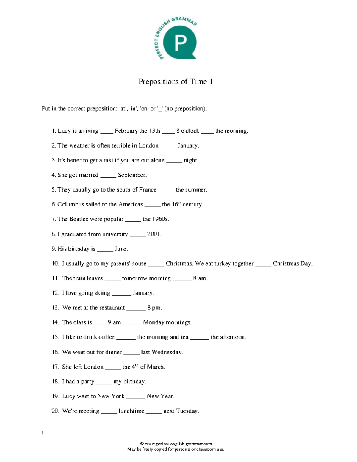 Prepositions of Time 1-2: Fill in the Correct Preposition - Studocu