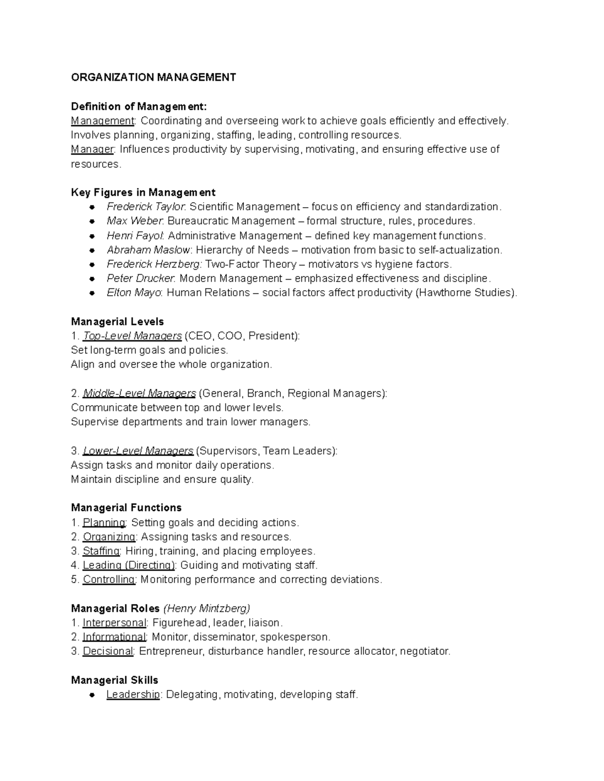 ORGMNG 101: Overview of Management Principles and Key Figures - Studocu
