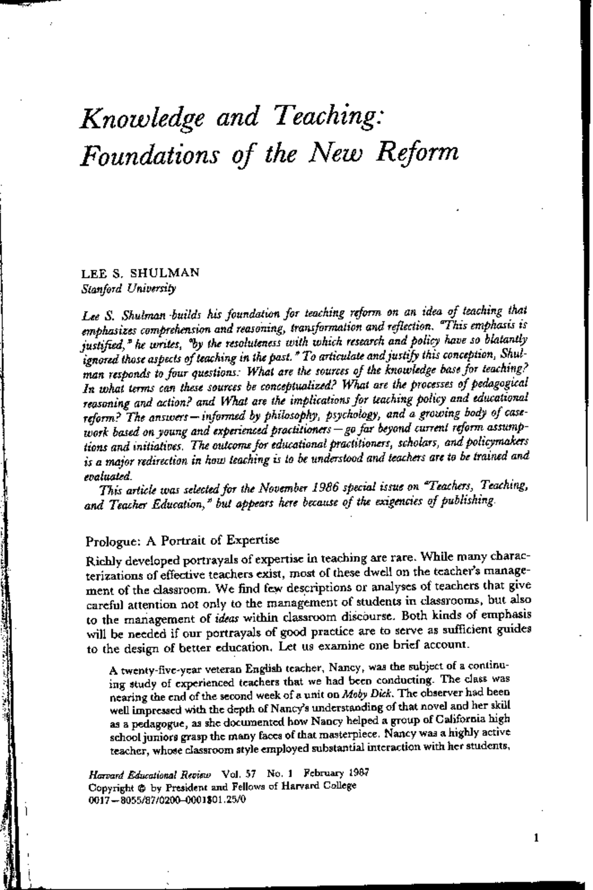 Knowledge and Teaching: Foundations of Reform (EDU 101) - Studocu