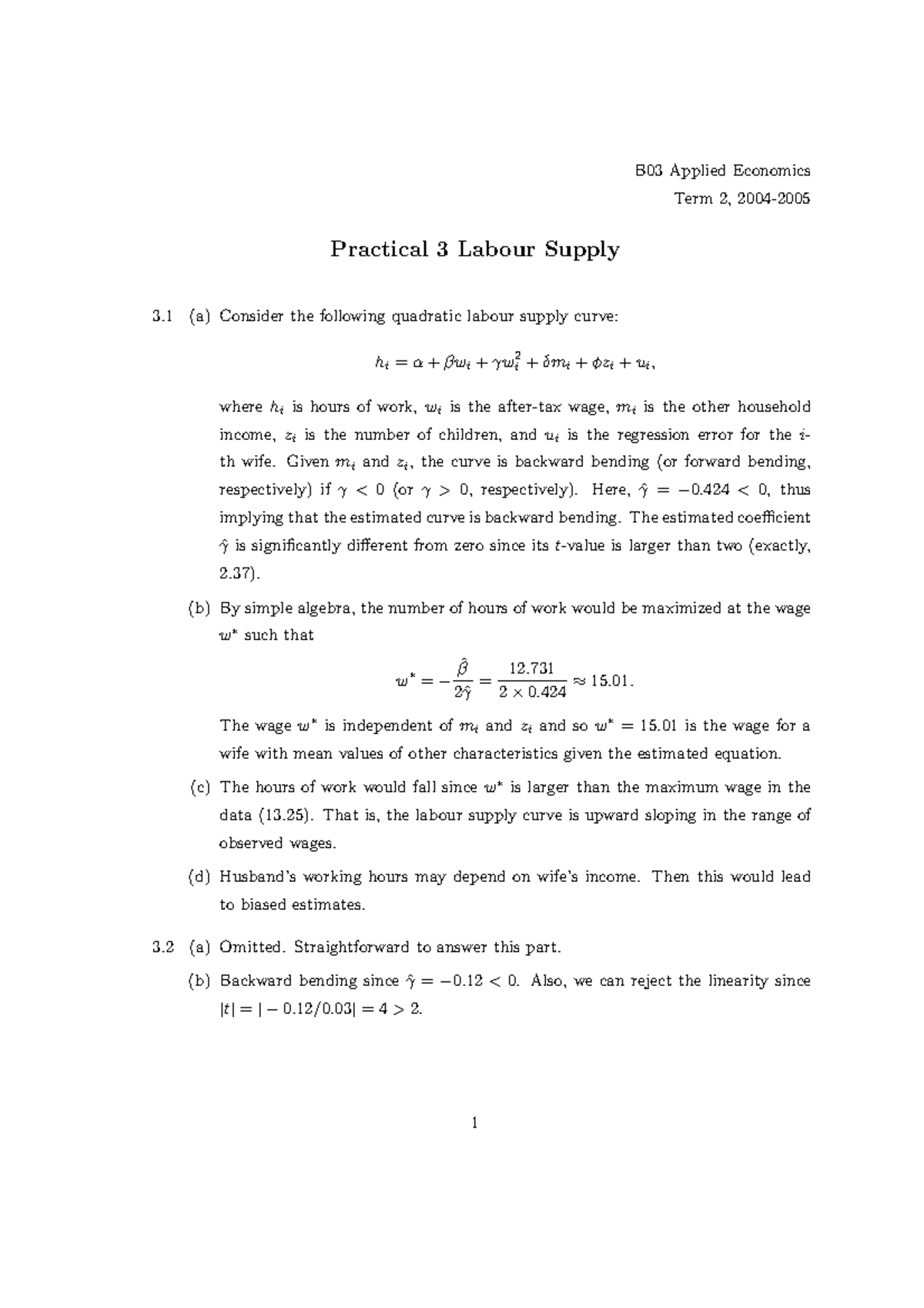 B03 Practical 3 Labour Supply Analysis and Answers - Studocu