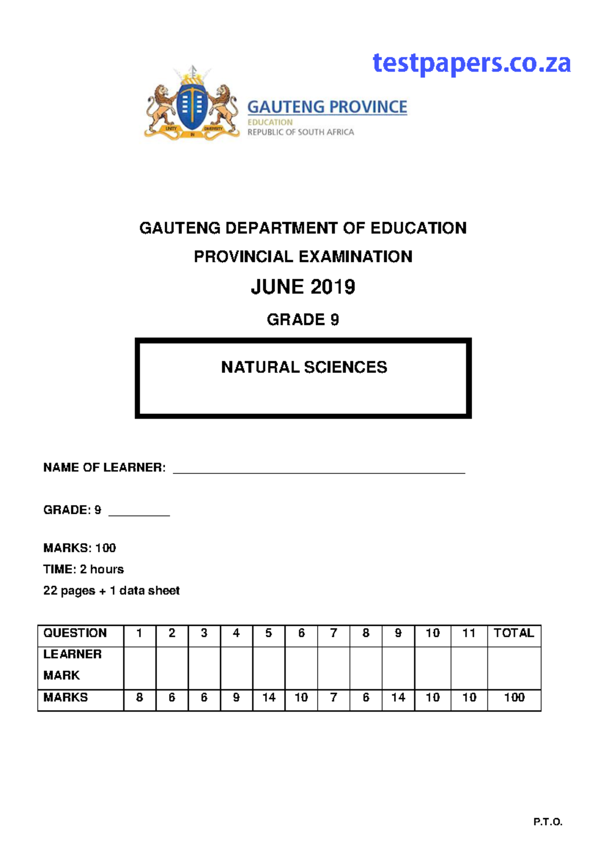 GR9 NATURAL SCIENCES JUNE 2019 EXAM QUESTION PAPER - Studocu