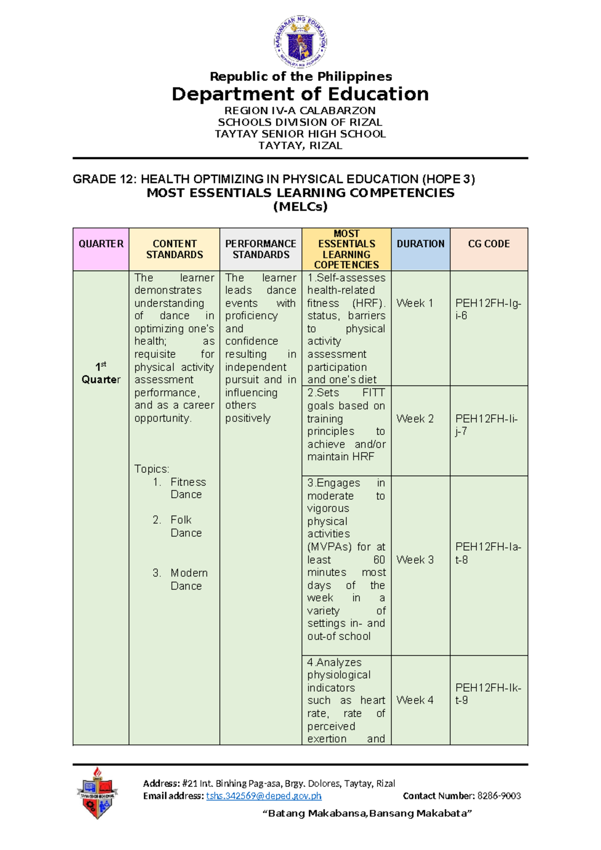 HOPE 3 MELCs - Essential Competencies for Physical Education - Document Preview