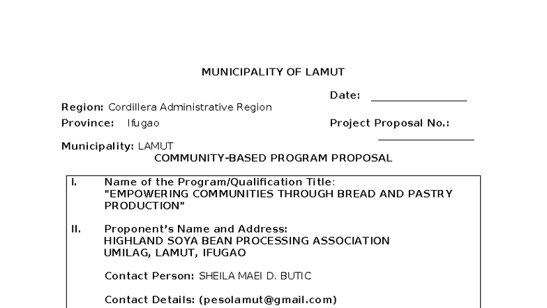 CBT-Bread and Pastry Skills Training Proposal for Communities - Studocu