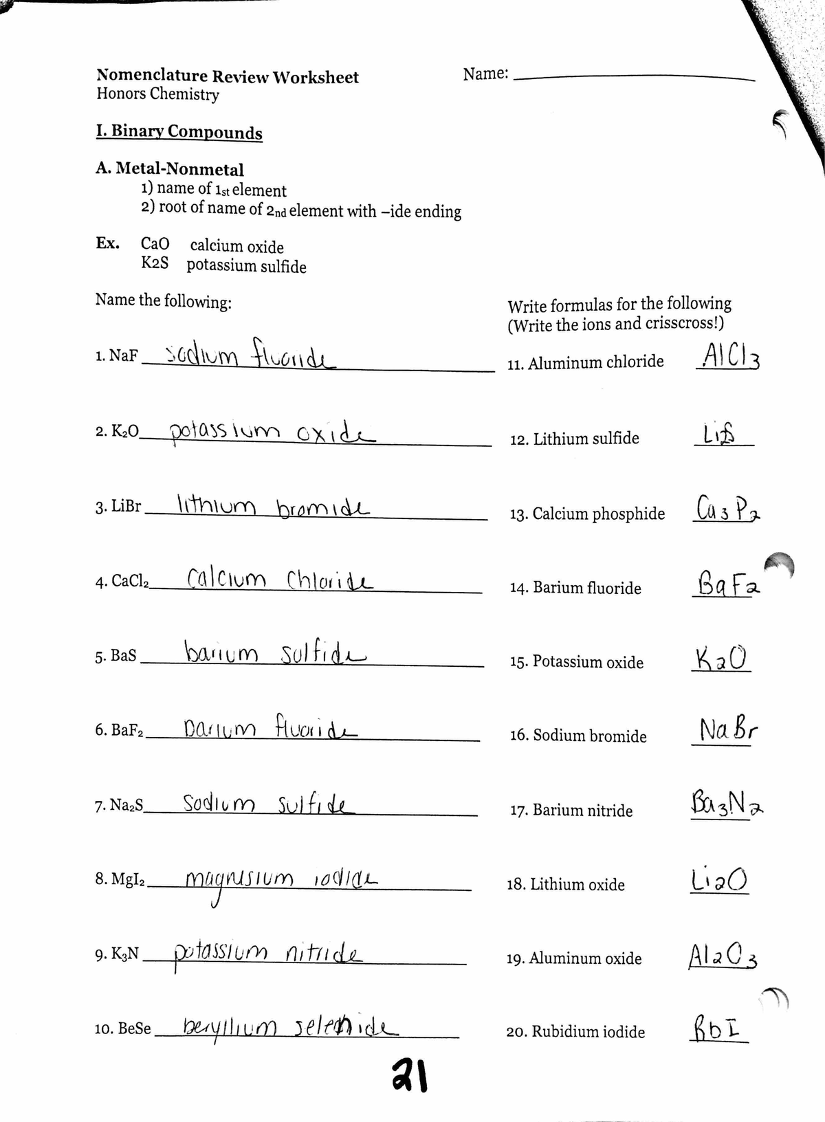 Honors Chemistry I: Unit 3 Naming & Formula Writing Answer Key - Studocu