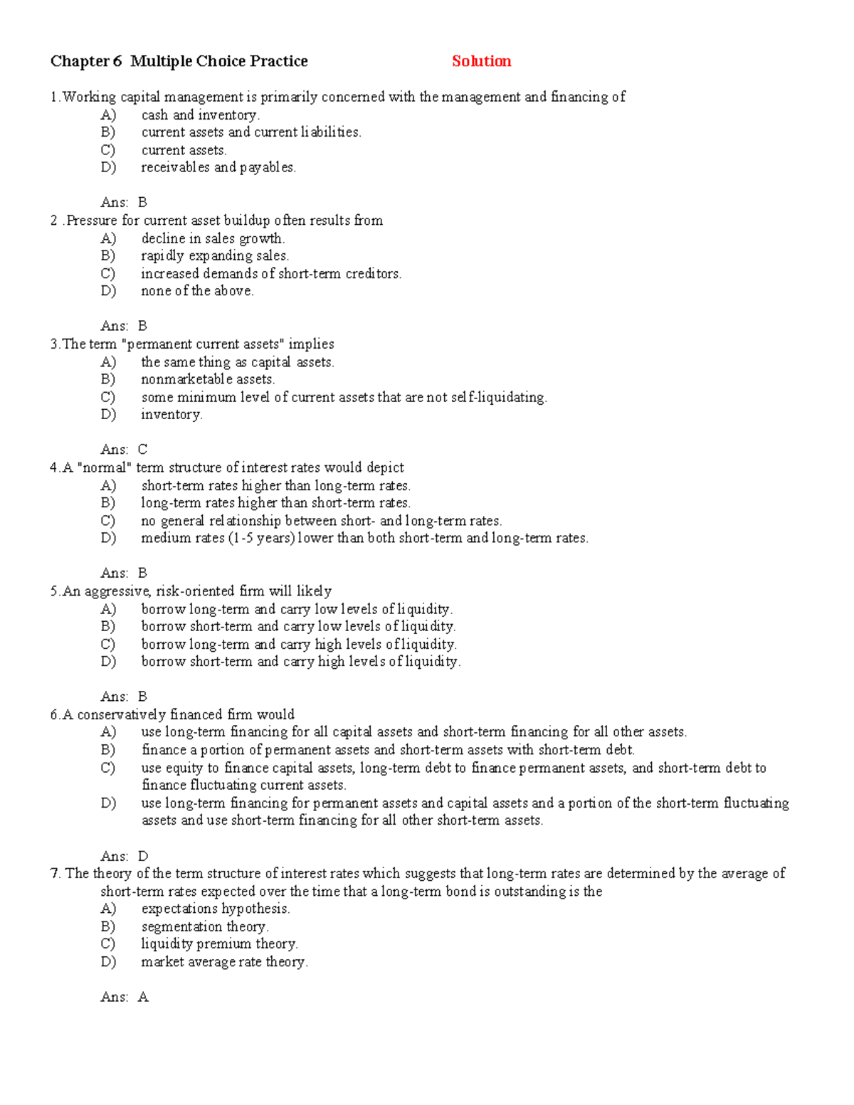 Chapter 6 MC Practice Solutions for Working Capital Management - Studocu