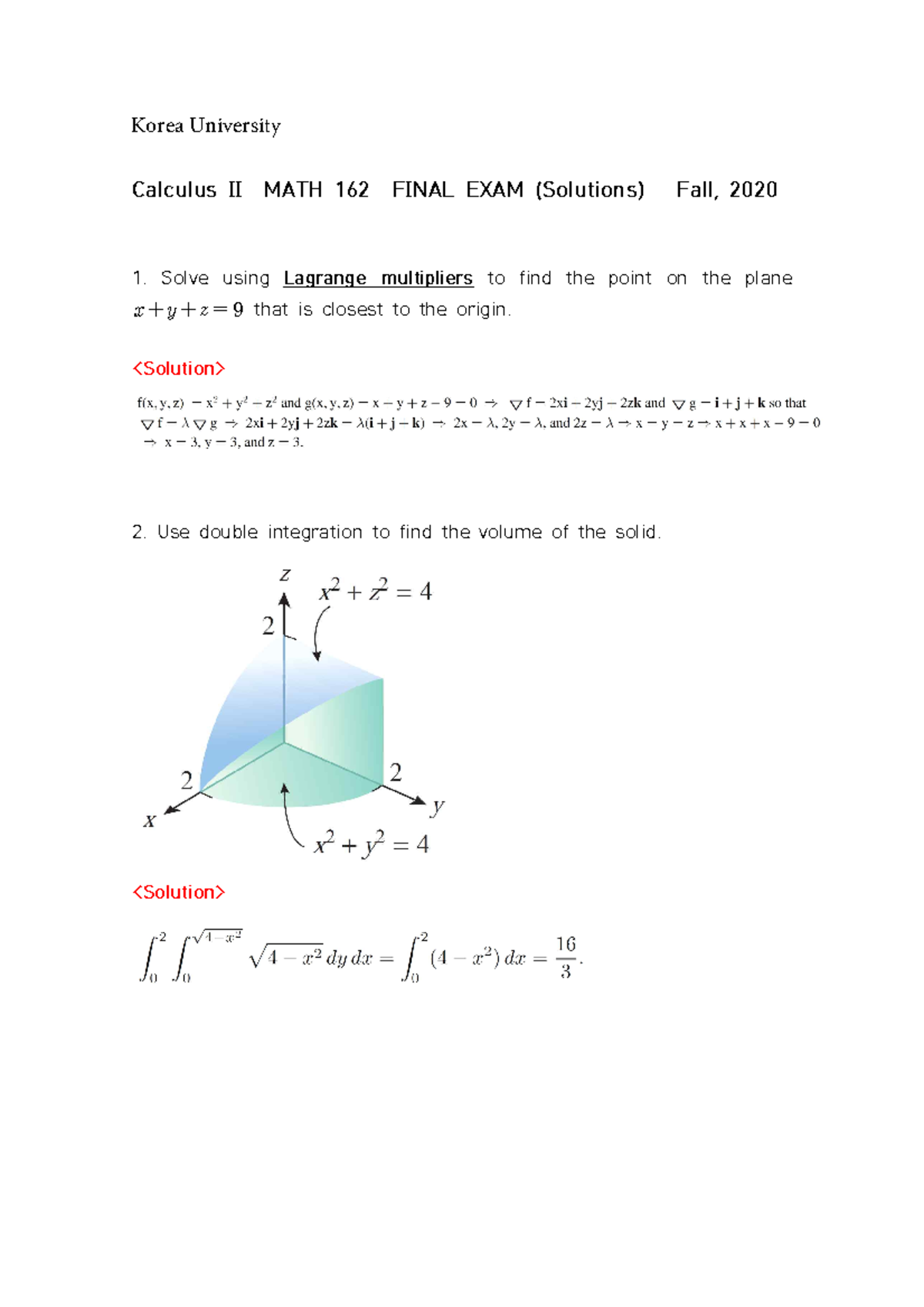 Calculus II Solutions for MATH162-24 Final Exam (Fall 2020) - Studocu
