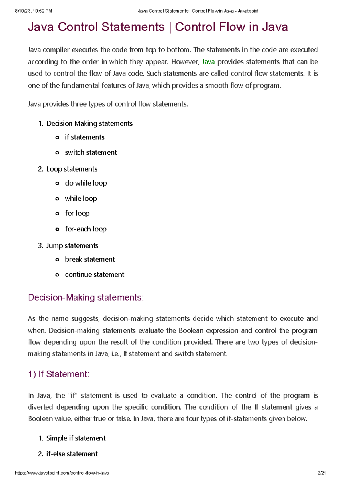Java Control Statements: Key Concepts & Examples in JAV101 - Studocu