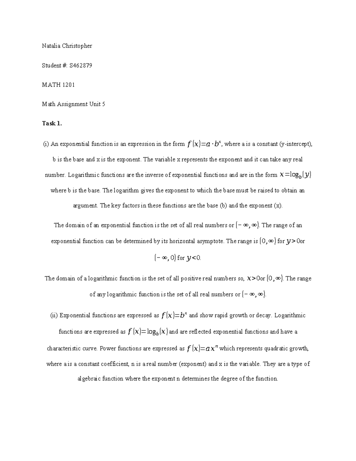 MATH 1201 Final Exam: Exponential & Logarithmic Functions Analysis ...