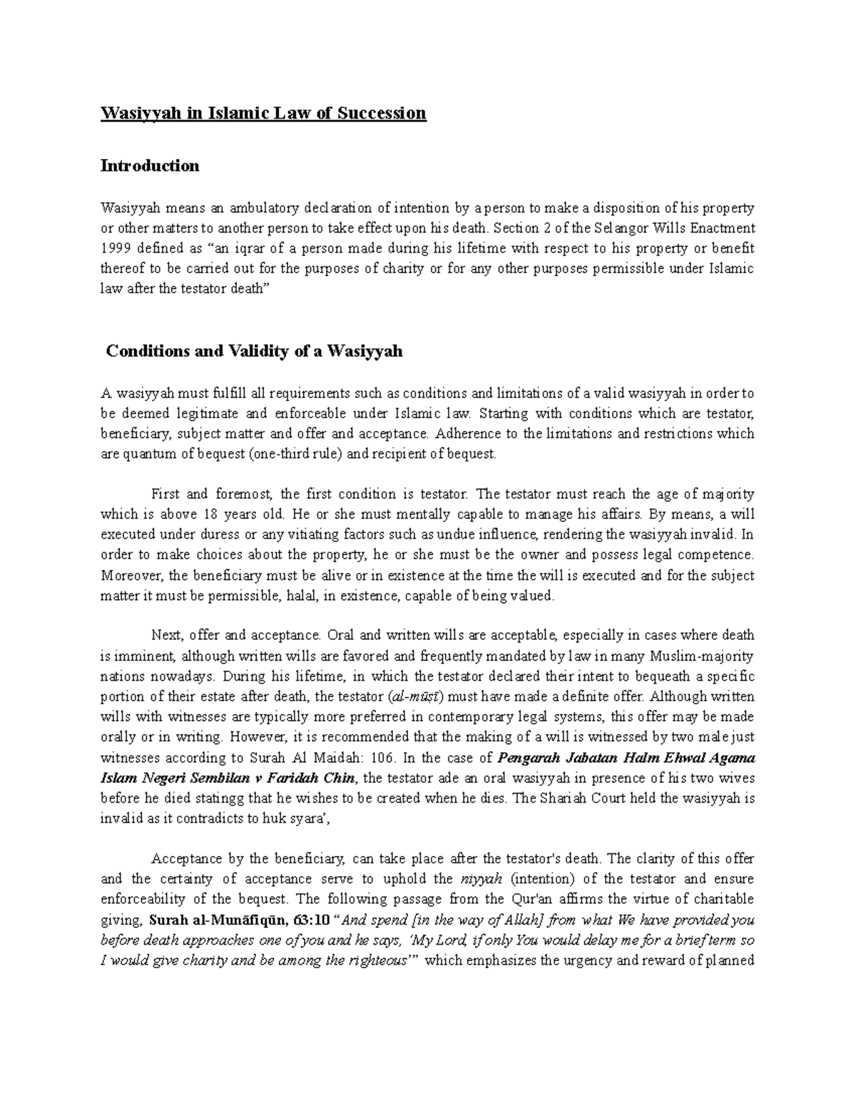 Wasiyyah in Islamic Law of Succession: Conditions & Validity - Studocu