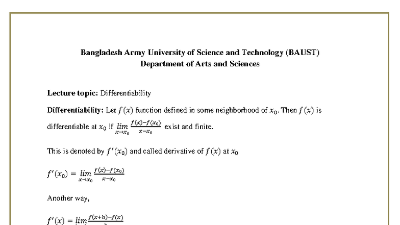 Differentiability Lecture Notes - MAT-101 at BAUST - Studocu