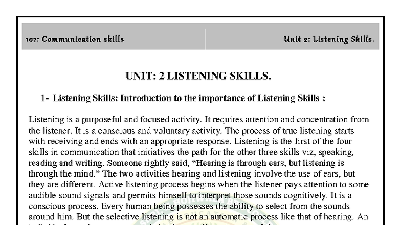 10 1: Communication Skills Unit 2: Importance of Listening Skills - Studocu